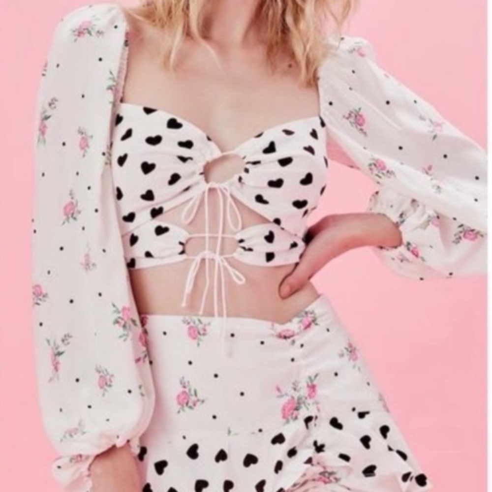 For Love & Lemons Cream Keyhole Corset Crop Polka Dot Floral Print Top XS